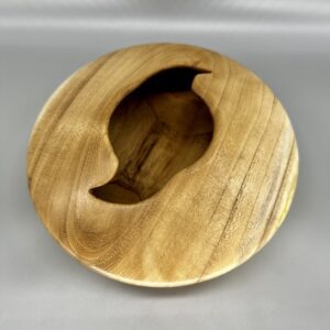A wooden bowl with an apple cut out of it.