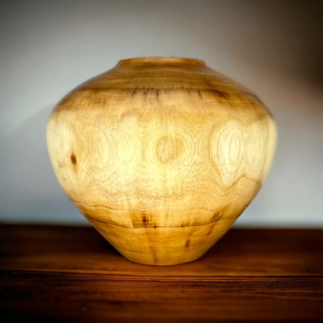 A wooden vase sitting on top of a table.